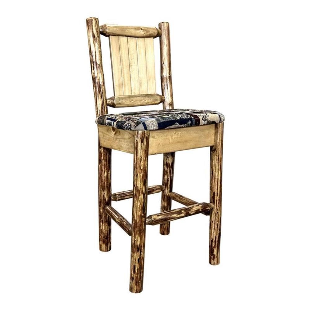 Montana Woodworks Glacier Country Collection Counter Height Barstool with Upholstered Seat, Woodland Pattern, Laser Engraved Bear Design, Stained & Lacquered