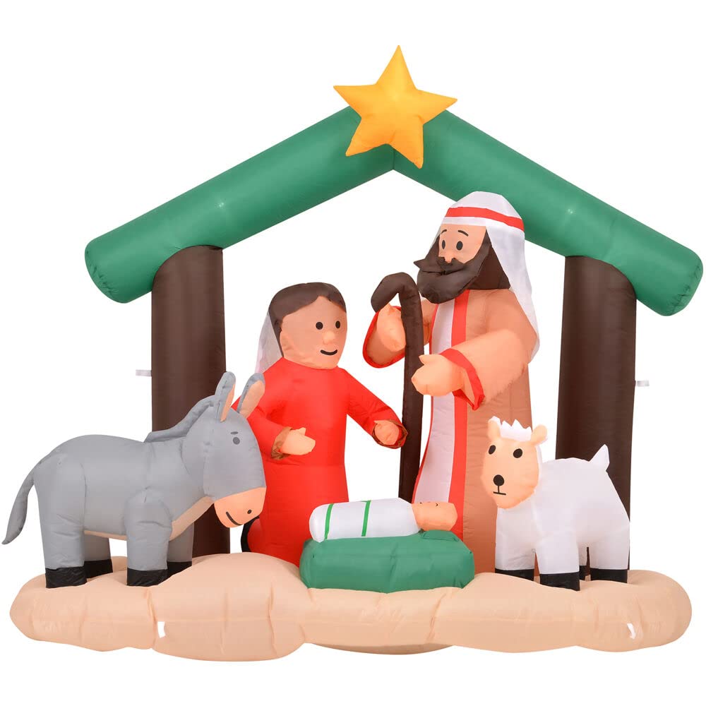 Christmas Time 7-Ft. Wide Nativity With Mary, Joseph, Baby Jesus, And Animals | Prelit Outdoor Christmas Inflatable With Storage Bag | Ct-Nvty073-L