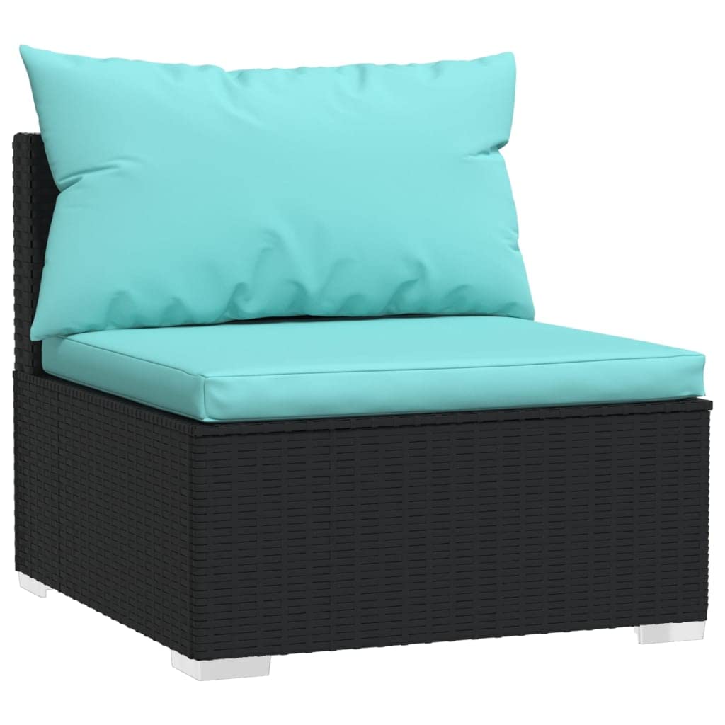 vidaXL Patio Lounge Set 8 Piece Modular Poly Rattan Black with Aqua Cushions for Garden, Deck, Poolside