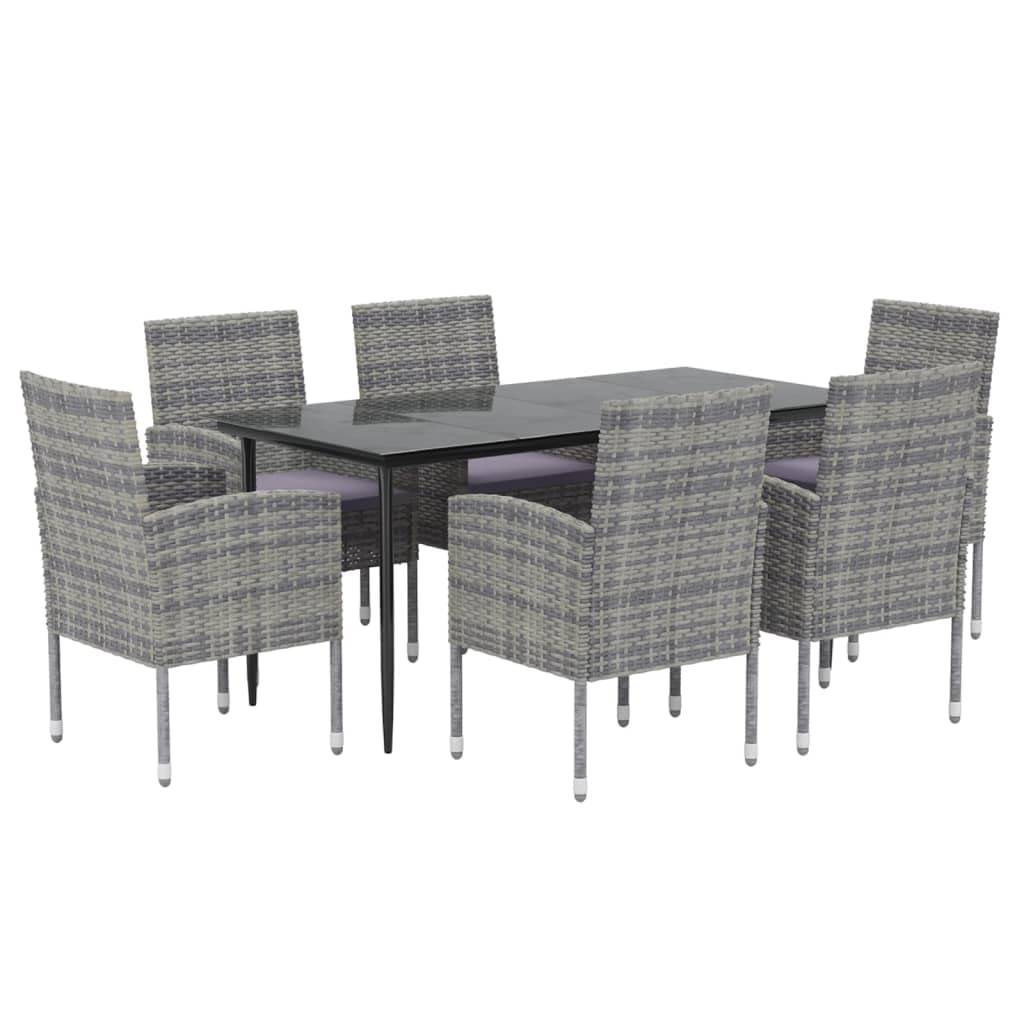 vidaXL 7-Piece Outdoor Dining Set - Anthracite Poly Rattan with Cushions - Tempered Glass Top Table and Comfortable Chairs, 3156783