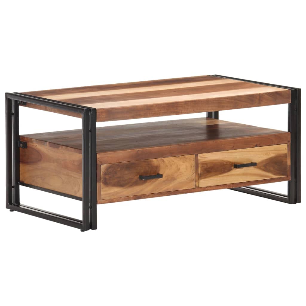 vidaXL Solid Acacia Wood Coffee Table with Sheesham Finish- Rectangular Farmhouse Style Living Room Furniture with Storage Drawe