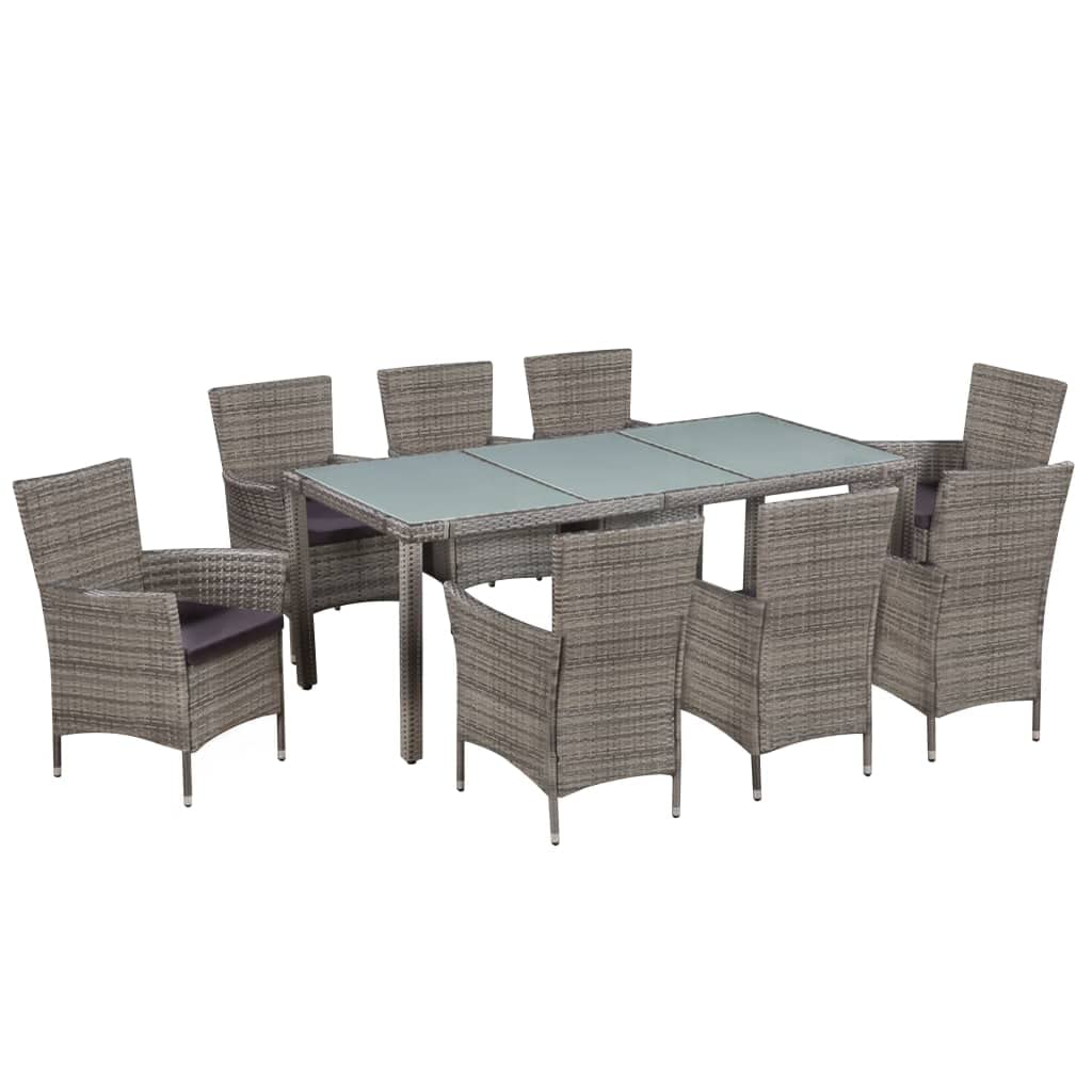 vidaXL Patio Dining Set 9 Piece, Dining Table Set with Glass Tabletop, Rattan Chairs with Cushions and Steel Legs, Outdoor Furniture Set, Poly Rattan Gray