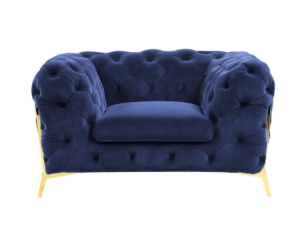 HomeRoots 482837 30 x 50 x 40 in. Blue Tufted Velvet & Gold Solid Color Lounge Chair