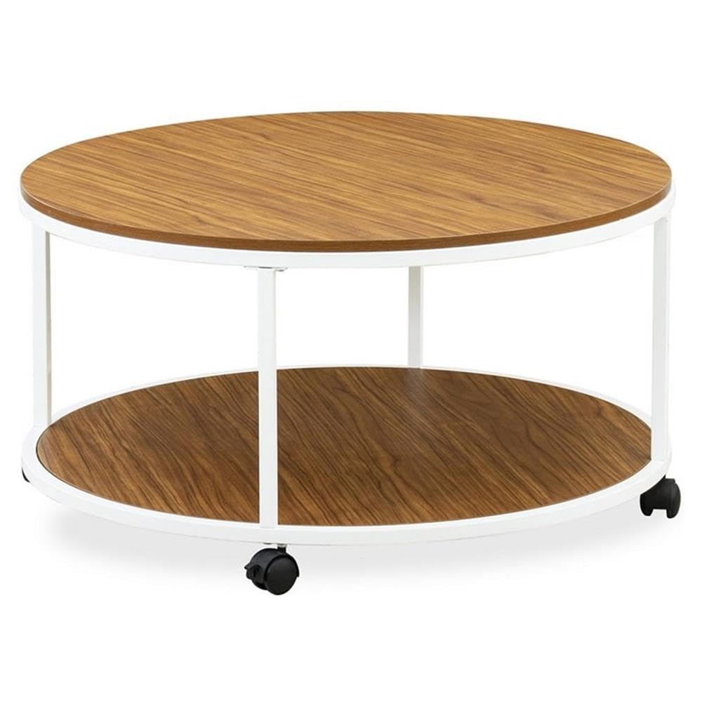 East West Furniture HRCTW01 Harley Coffee Table - Round Mid Century Modern Center Table with 2 Tier for Living Room, 35 Inch Inch, Powder Coating White Frame and Brown Wood Laminate Top
