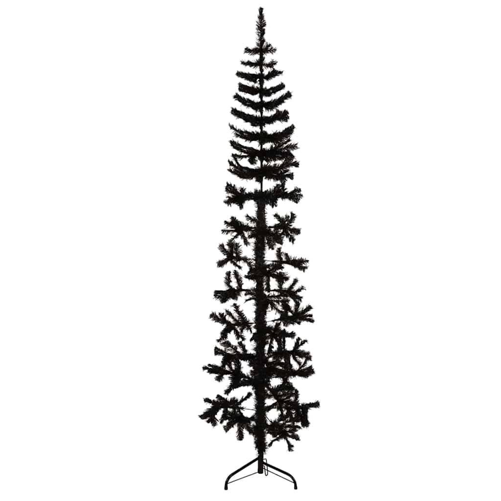 vidaXL Slim Artificial Half Christmas Tree - Space-Saving 7 ft Black PVC Christmas Tree with Steel Stand - Modern Style Xmas Decoration for Small Spaces