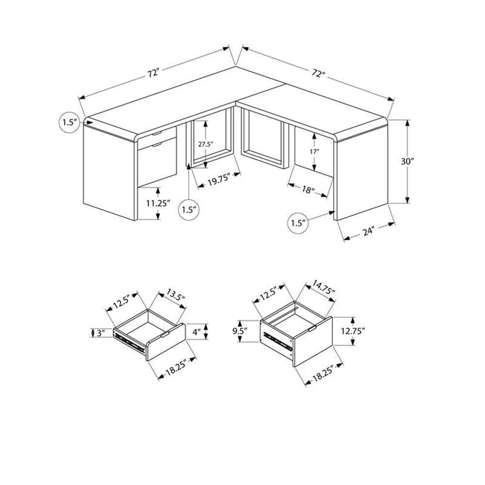 Monarch Specialties I 7582 Computer Desk, Home Office, Corner, Left, Right Set-up, Storage Drawers, 72&quot; L, L Shape, Work, Laptop, Laminate, Metal, Glossy White