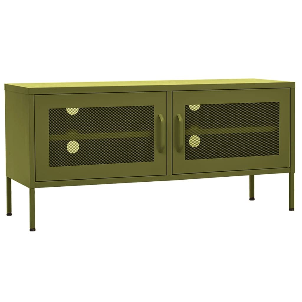Vidaxl Steel Tv Stand With Adjustable Levelers, Olive Green, 41.3&quot;X13.8&quot;X19.7&quot;, Industrial Cable-Management Tv Cabinet With Mesh Doors And Interior Shelve