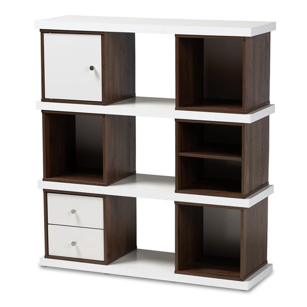 Baxton Studio Rune Two-Tone White and Walnut Finished 2-Drawer Bookcase