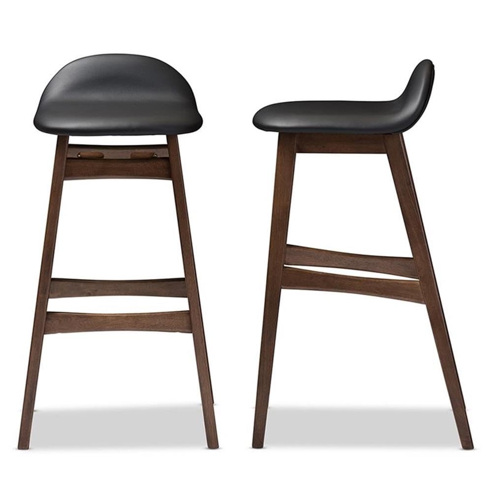 Baxton Studio 2 Piece Bloom Scandinavian Style Faux Leather Upholstered Walnut Barstool Set, 30&quot;, Black
