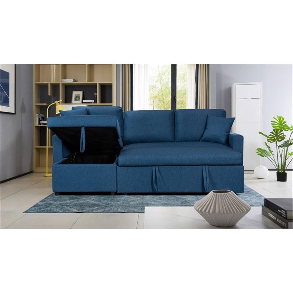 Lilola Home Paisley Blue Linen Fabric Reversible Sleeper Sectional Sofa with Storage Chaise - Thumbnail 2