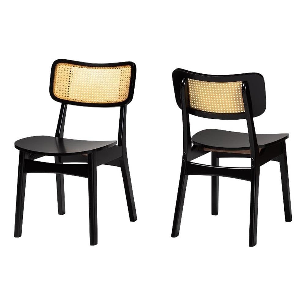 Baxton Studio Tafari Mid-Century Modern Dark Brown Finished Wood And Rattan 2-Piece Dining Chair Set