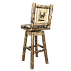 Montana Woodworks Glacier Country Collection Counter Height Barstool with Back & Swivel, Upholstered Seat, Woodland Pattern with Laser Engraved Elk Design, Stained & Lacquered