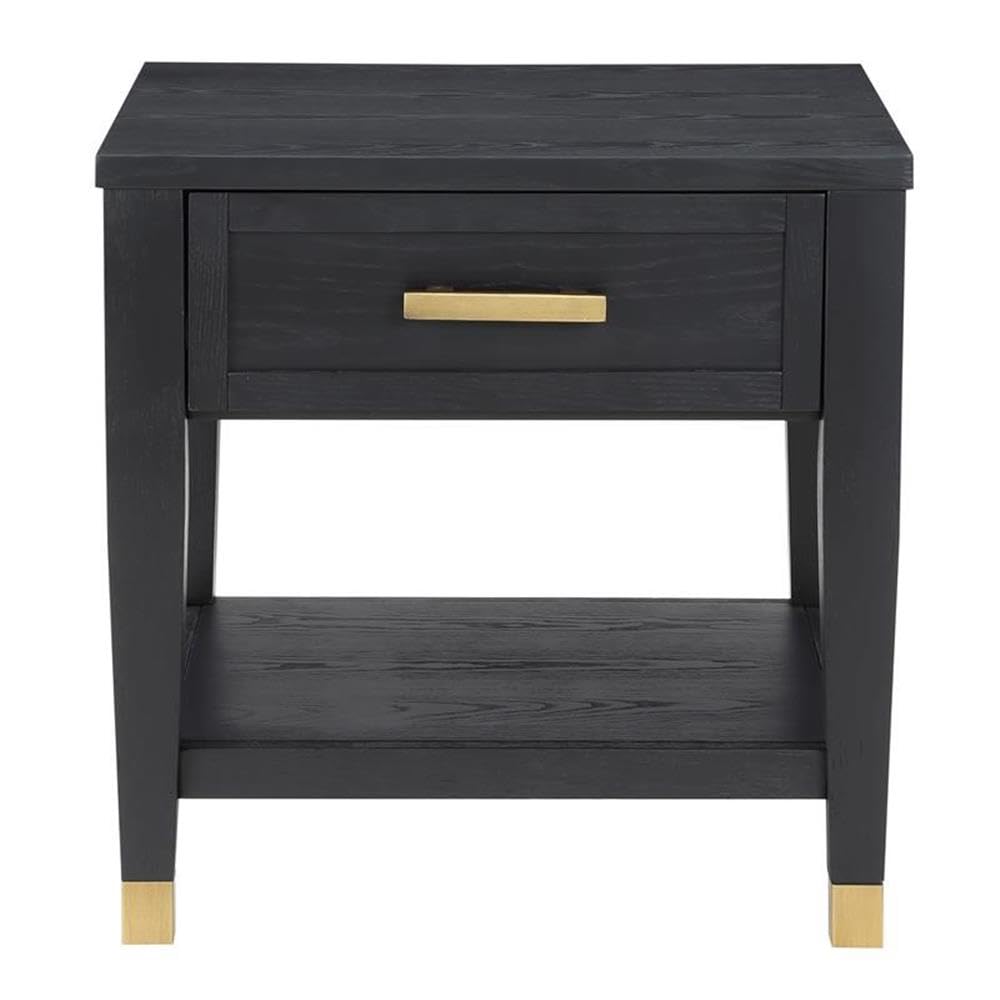 Steve Silver Furniture Modern Black End Brushed Brass Accents, Storage Drawer & Bottom Shelf-Ash Veneers Table, 24 x 22 x 24