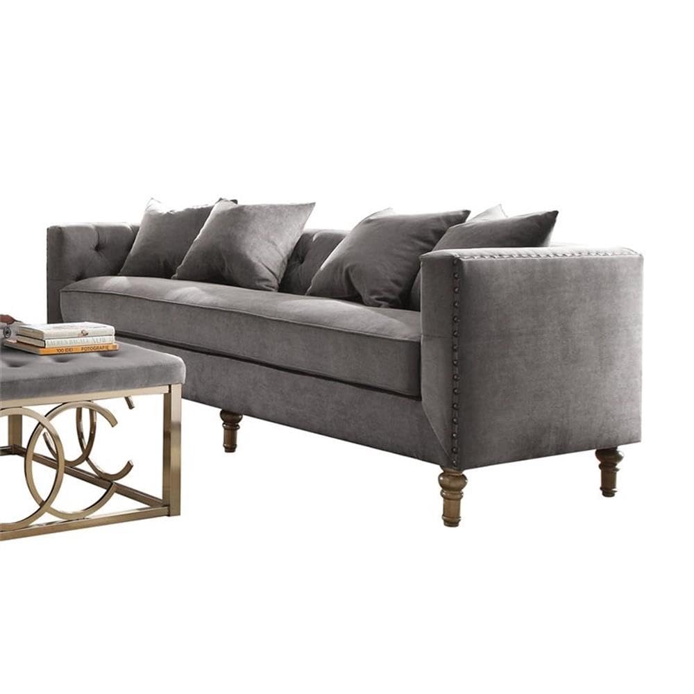 Acme Sidonia Velvet Tufted Sofa with 4 Pillows in Gray