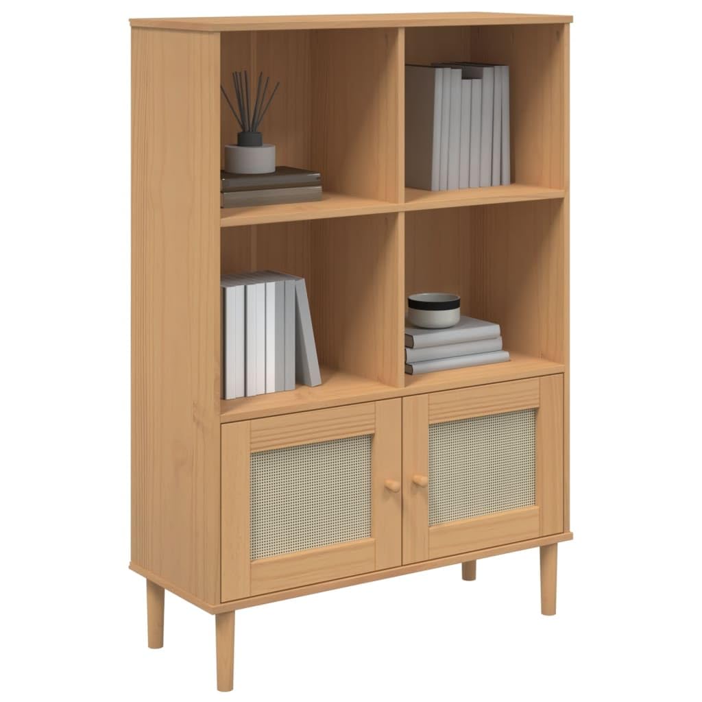 vidaXL SENJA Bookcase - Brown, Free-Standing, Rattan Look Doors, Solid Pine Wood with UV Varnish, 35.4&quot;x13.8&quot;x51.2&quot;, Wooden Handles