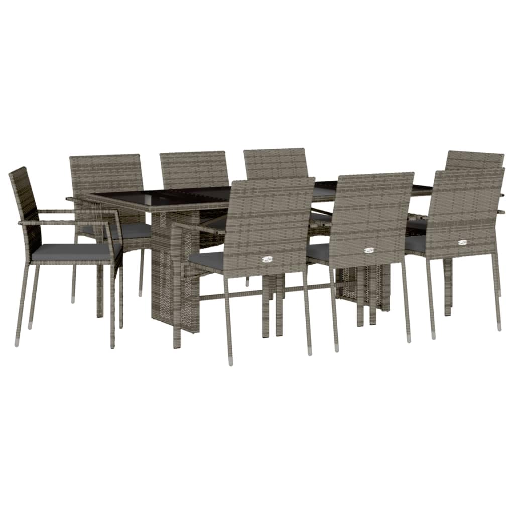 vidaXL 9-Piece Patio Dining Set with Cushions - Gray Poly Rattan PE Rattan, Tempered Glass Table, Powder-Coated Steel Frame, Comfortable Garden Chairs for Outdoor Patio, Backyard, Al Fresco Dining