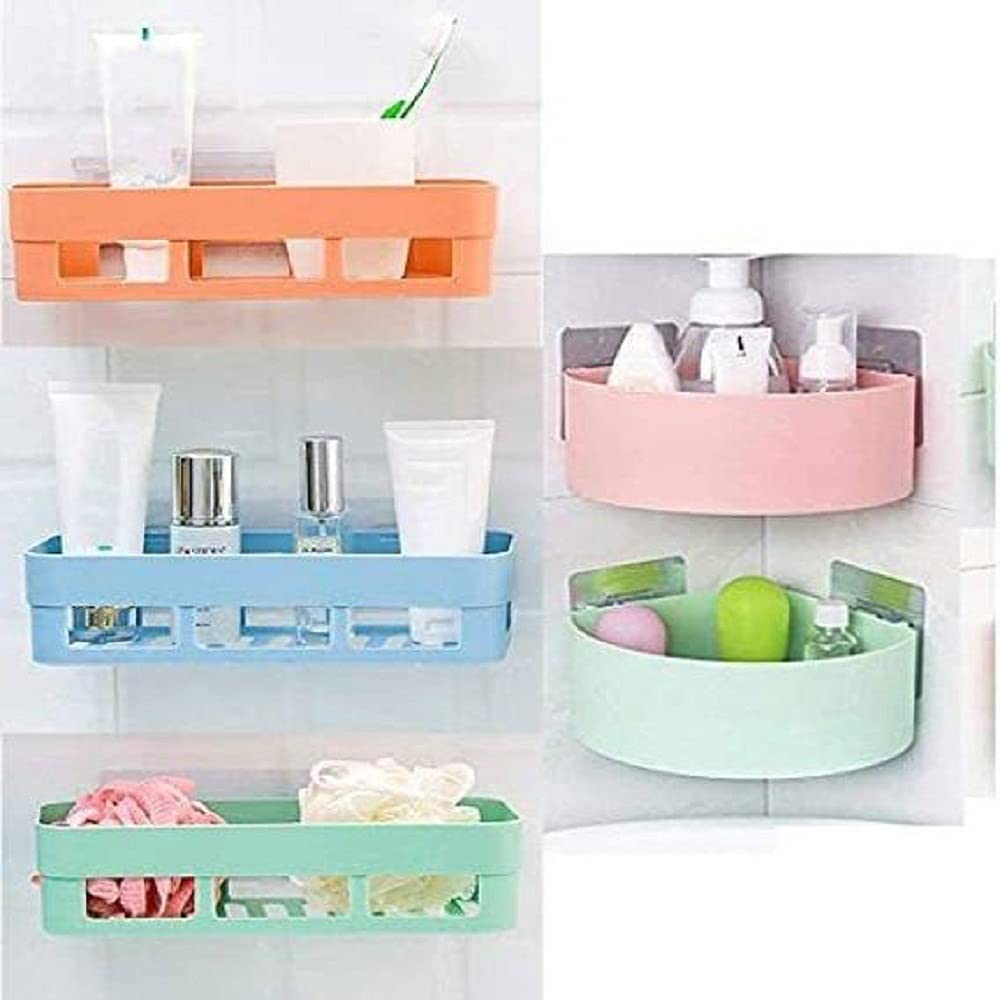 SHOPITECH Combo of 5 PCS Bathroom Shelf Rack/Kitchen Shelf/Wardrobe Shelf/Rack Plastic Wall Shelf (3 Bathroom Shelves + 2 Corner