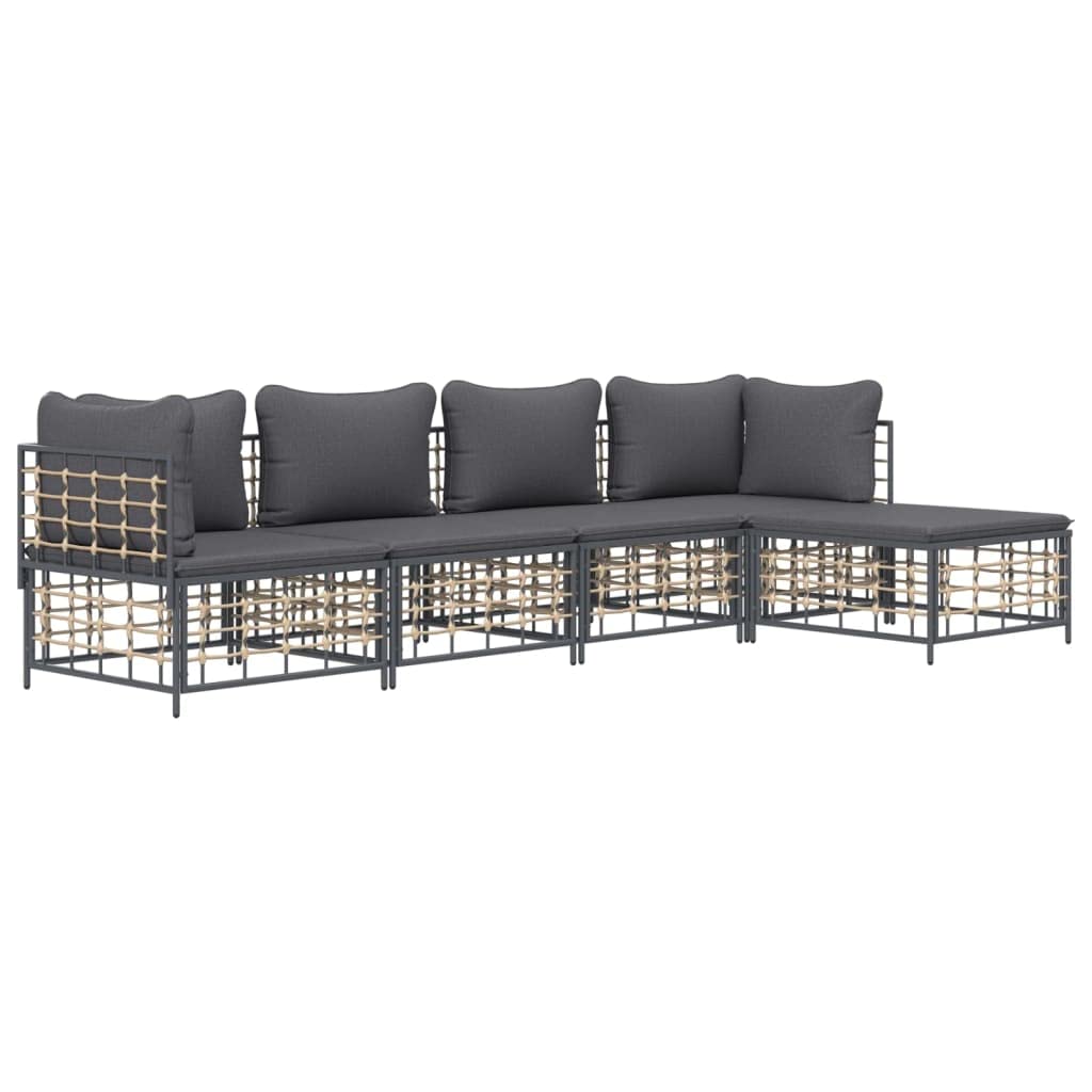 vidaXL 5-Piece Patio Lounge Set - Anthracite Poly Rattan - with Cushions and Footstool - Modular Design - Ideal for Outdoor Seating - Weather-Resistant - Dark Grey Color
