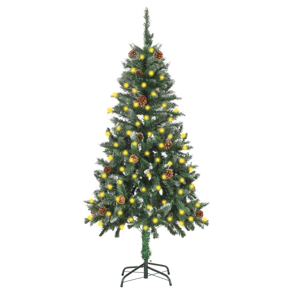 Vidaxl Artificial Pre-Lit Christmas Tree With Pine Cones, 59.1&quot; Tall, 150 Leds, Green/White, Pvc/Iron