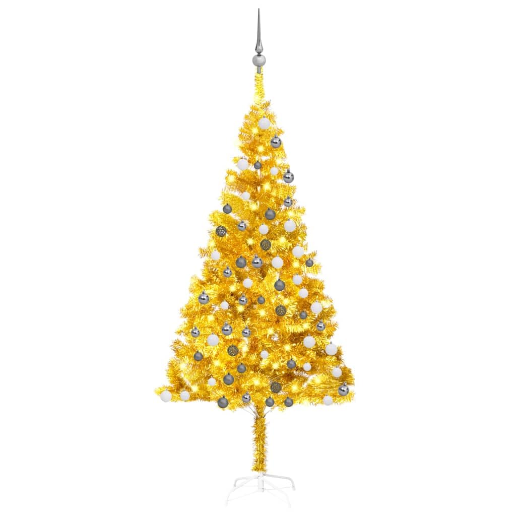 vidaXL 70.9&quot; Artificial Christmas Tree - Gold PET Material with Steel Base, Energy-Efficient LEDs, Christmas Ball Set, Cozy Atmosphere Creator, Economical & Easy Assembly