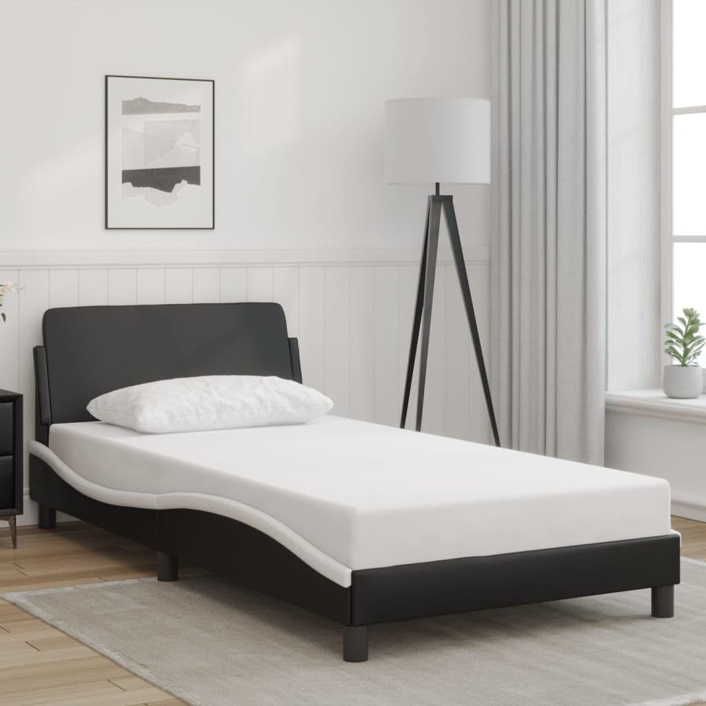 vidaXL Single Bed Frame with Headboard - Black/White, Faux Leather, Plywood Slats, 39.4&quot;x74.8&quot; Mattress Size, Modern Design