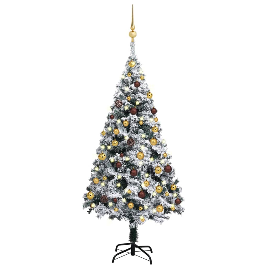 Vidaxl Artificial Pre-Lit Christmas Tree With Snow Flocked Branches, Led Lights, Steel Stand & Ball Ornaments - Economical, Realistic Pvc Xmas Decoration, 47.2&quot; Height, Green, Gold, Bronze