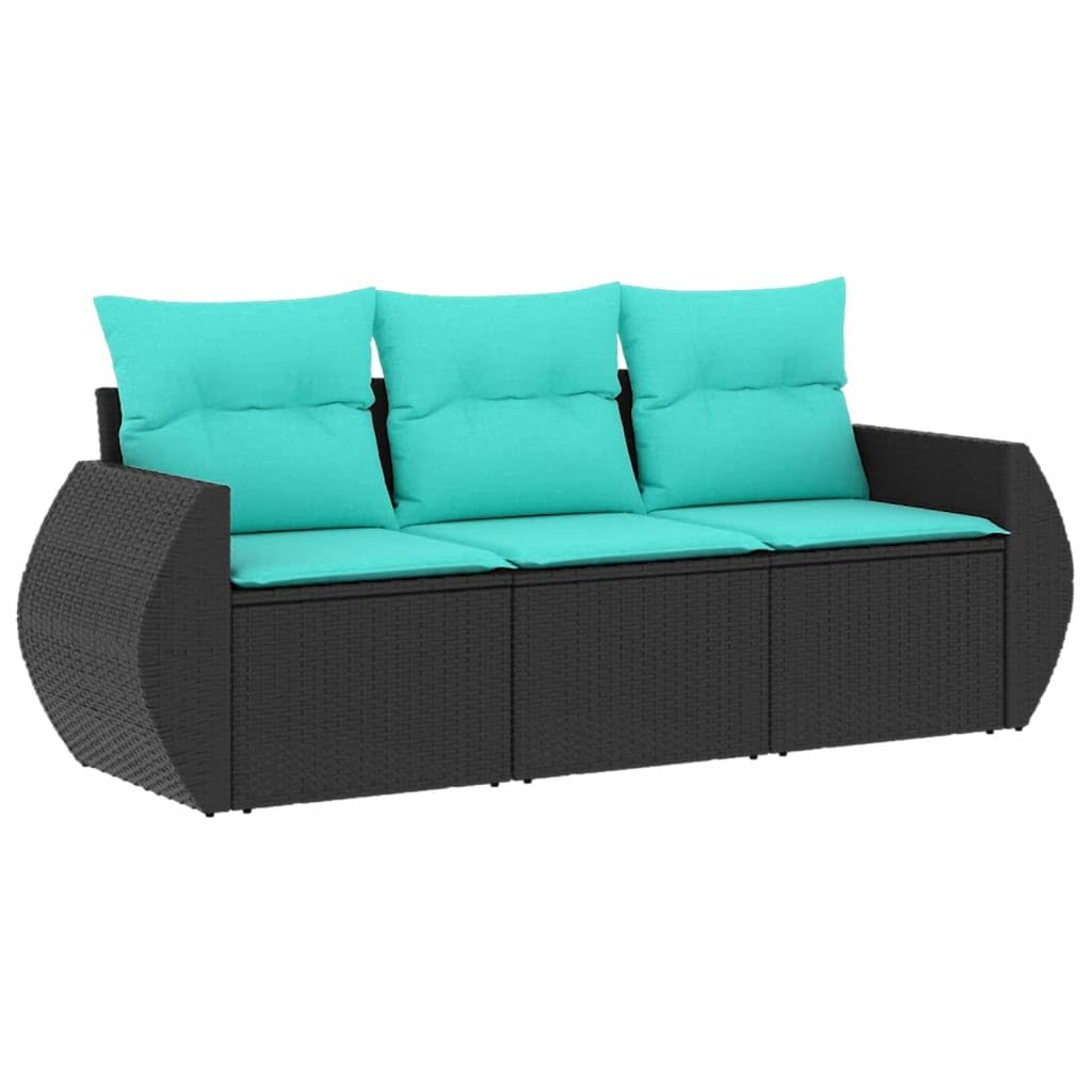 vidaXL Patio Sofa Set with Cushions - 3 Piece Black Poly Rattan Outdoor Furniture - Weather-Resistant & Modular Design - Perfect for Garden, Terrace, Patio - Removable Covers & Sturdy Steel Frame