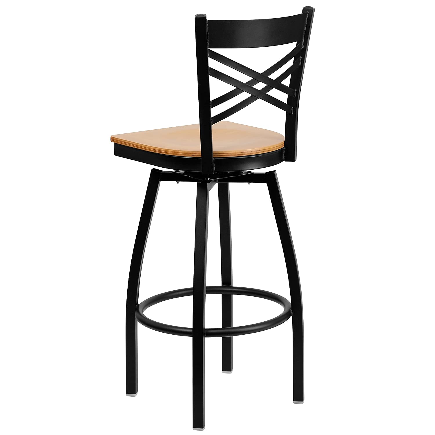 Flash Furniture HERCULES Series Black ''X'' Back Swivel Metal Barstool - Natural Wood Seat