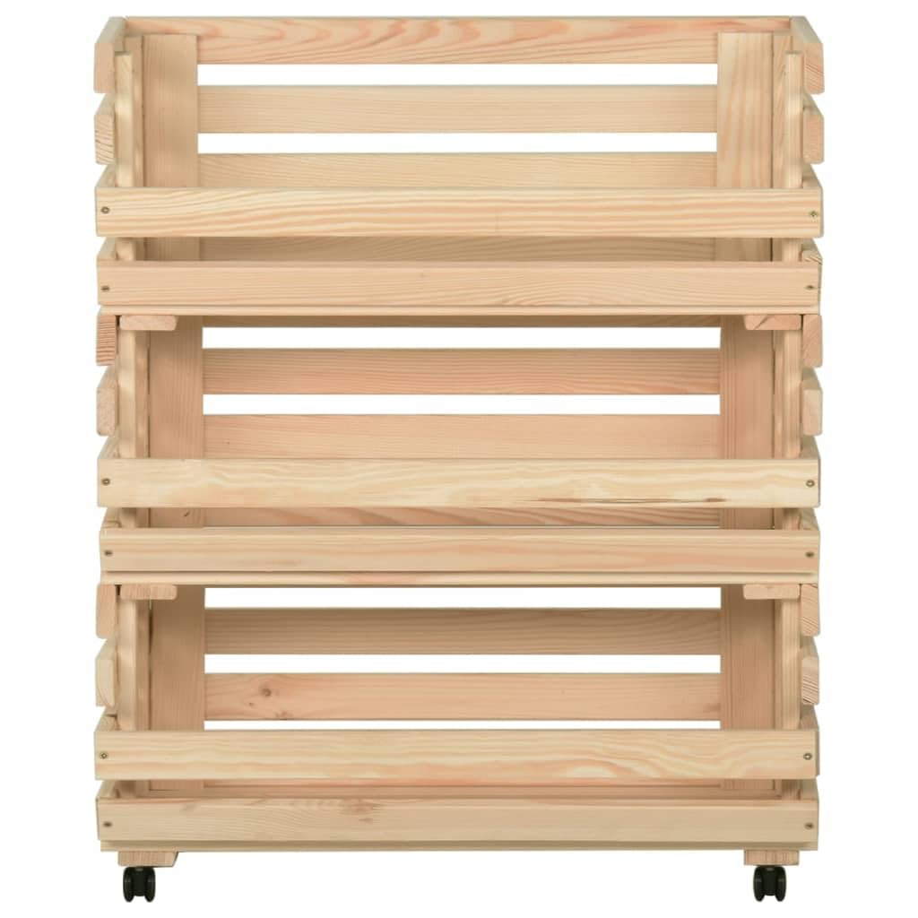 vidaXL Vegetable Trolley with Rolling Casters, Versatile Kitchen Storage Cart, Solid Pinewood Construction, 3-Compartment Design, Detachable Shelves, Easy Assembly, Brown, 30.3&quot;x11.8&quot;x31.5&quot;