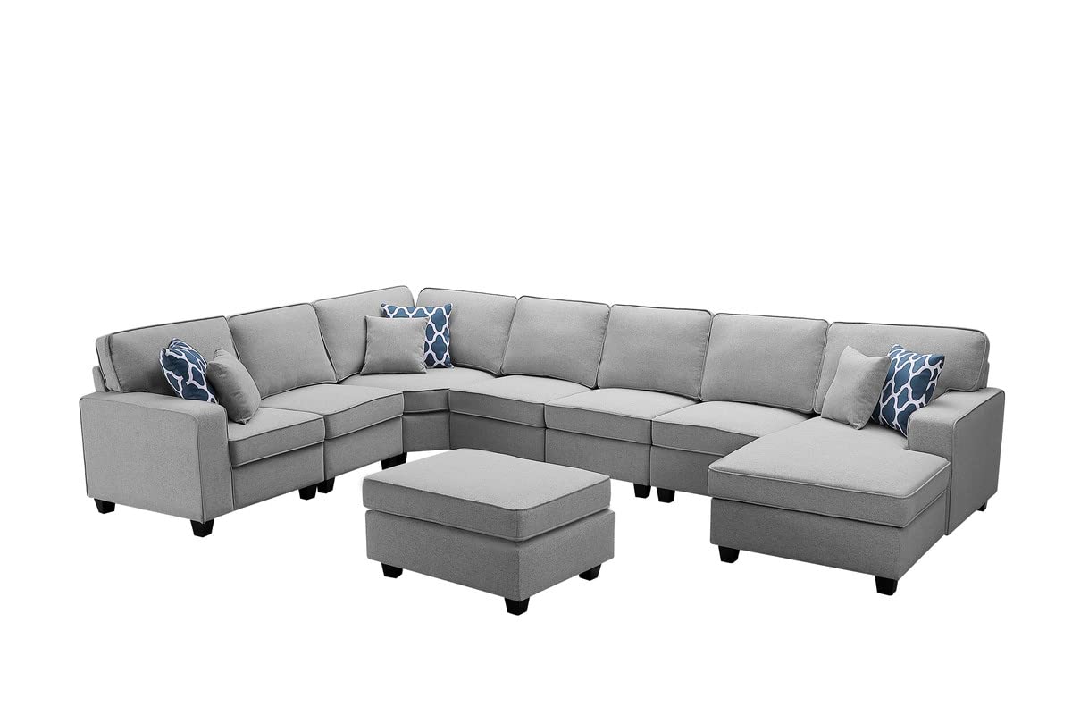 Lilola Home Faith Light Gray Linen 8Pc Modular L-Shape Sectional Sofa Chaise and Ottoman