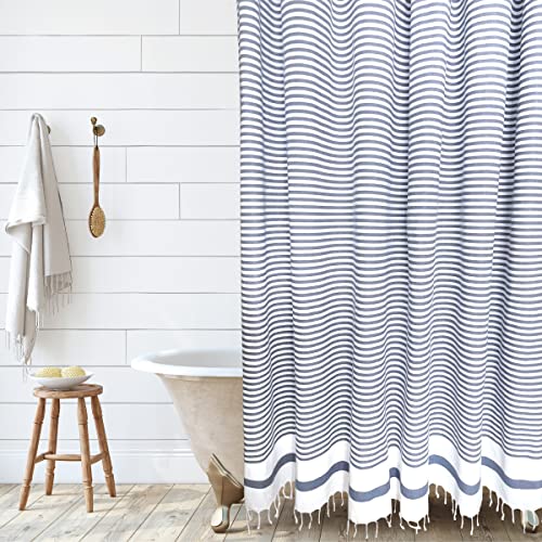 Hall & Perry Modern Catalina Shower Curtain 100% Cotton Striped Fabric With Tassels For Bathroom D?Or-Catalina Chambray 72'X72'