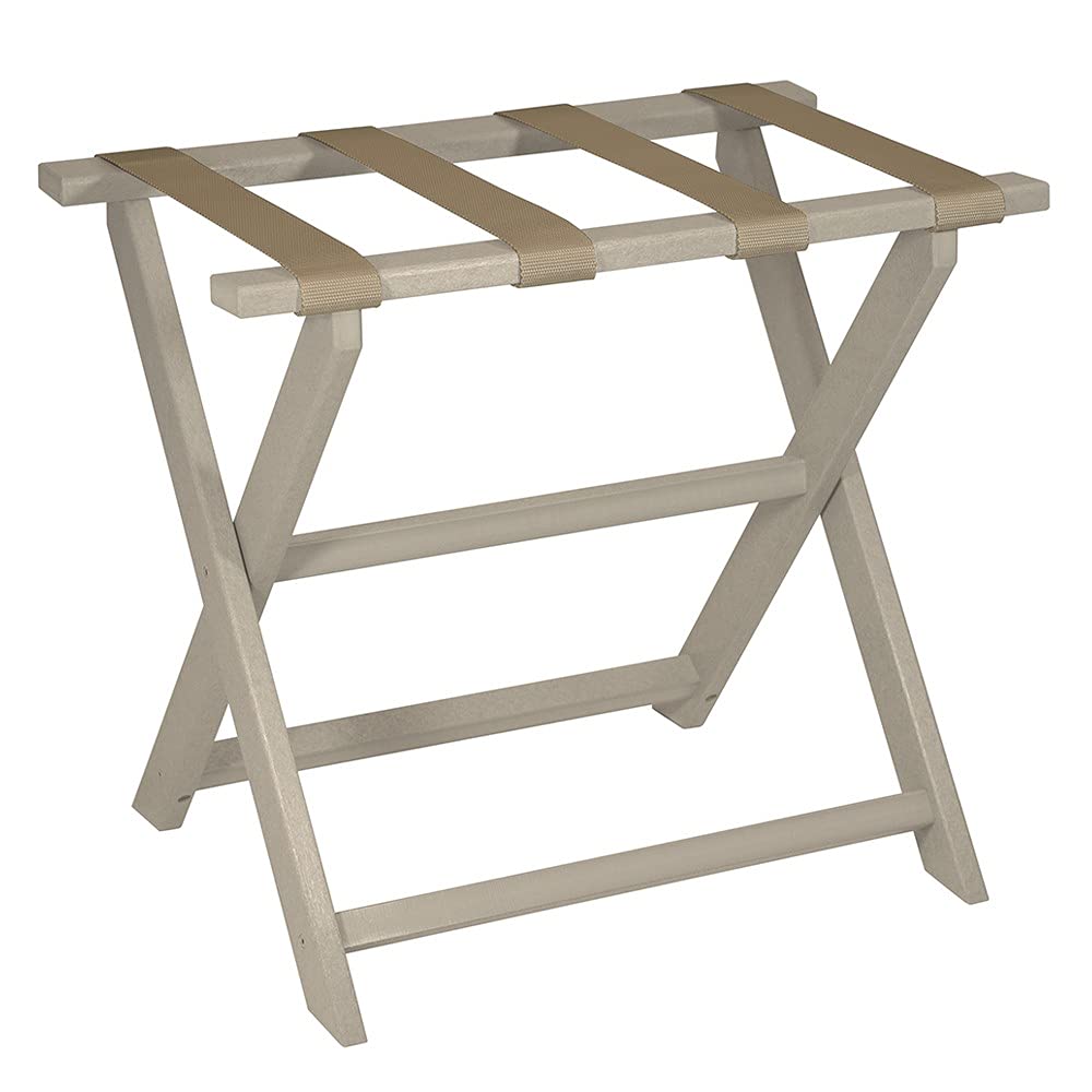 HomeRoots Earth Friendly Taupe Folding Luggage Rack with Dark Tan Straps