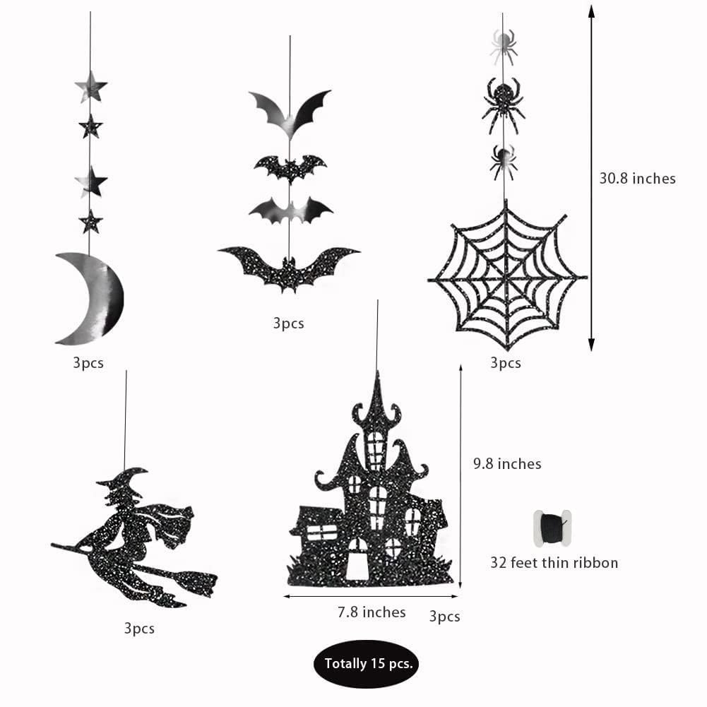 Cheerland Halloween Witch Garland For Haunted House Decoration Black Glitter Gothic Sticker Decals Star Moon Hanging Streamers B