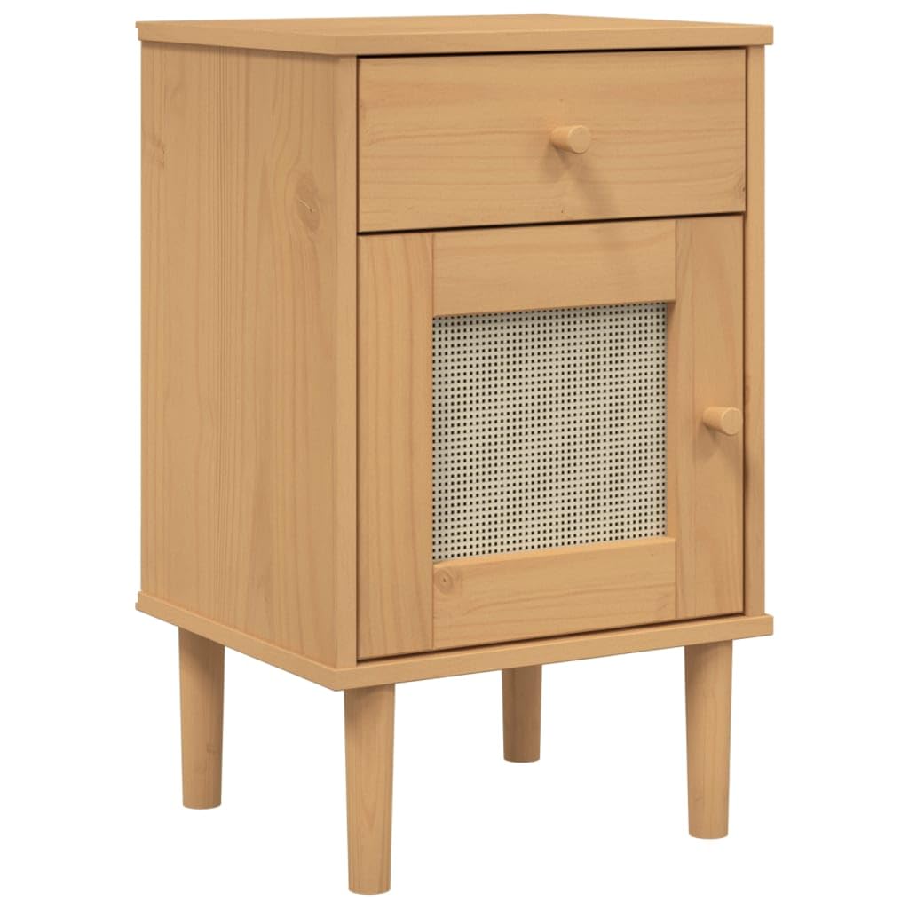 vidaXL SENJA Bedside Cabinet with Rattan Look Surface, Solid Pine Wood and UV Varnish Finish in Brown, Featuring Drawer and Door Compartment for Storage
