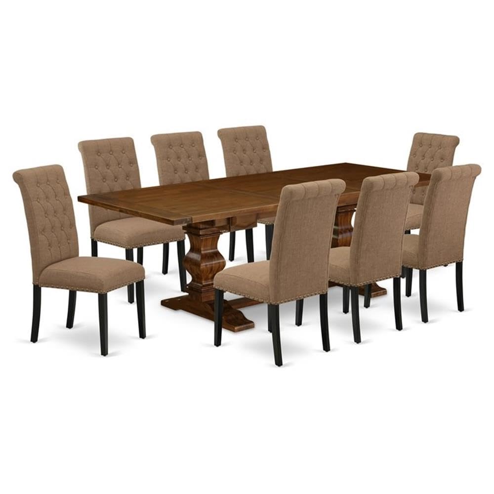 East West Furniture LABR9-81-17 9 Piece Dining Set Includes a Rectangle Dining Room Table with Removable Leaf and 8 Light Sable Linen Fabric Upholstered Chairs, 42x92 Inch, Walnut