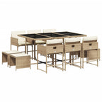vidaXL 11-Piece Patio Dining Set - Beige Poly Rattan with Cushions, Includes Rectangular Glass Table, Chairs and Stools, Outdoor/Garden Furniture