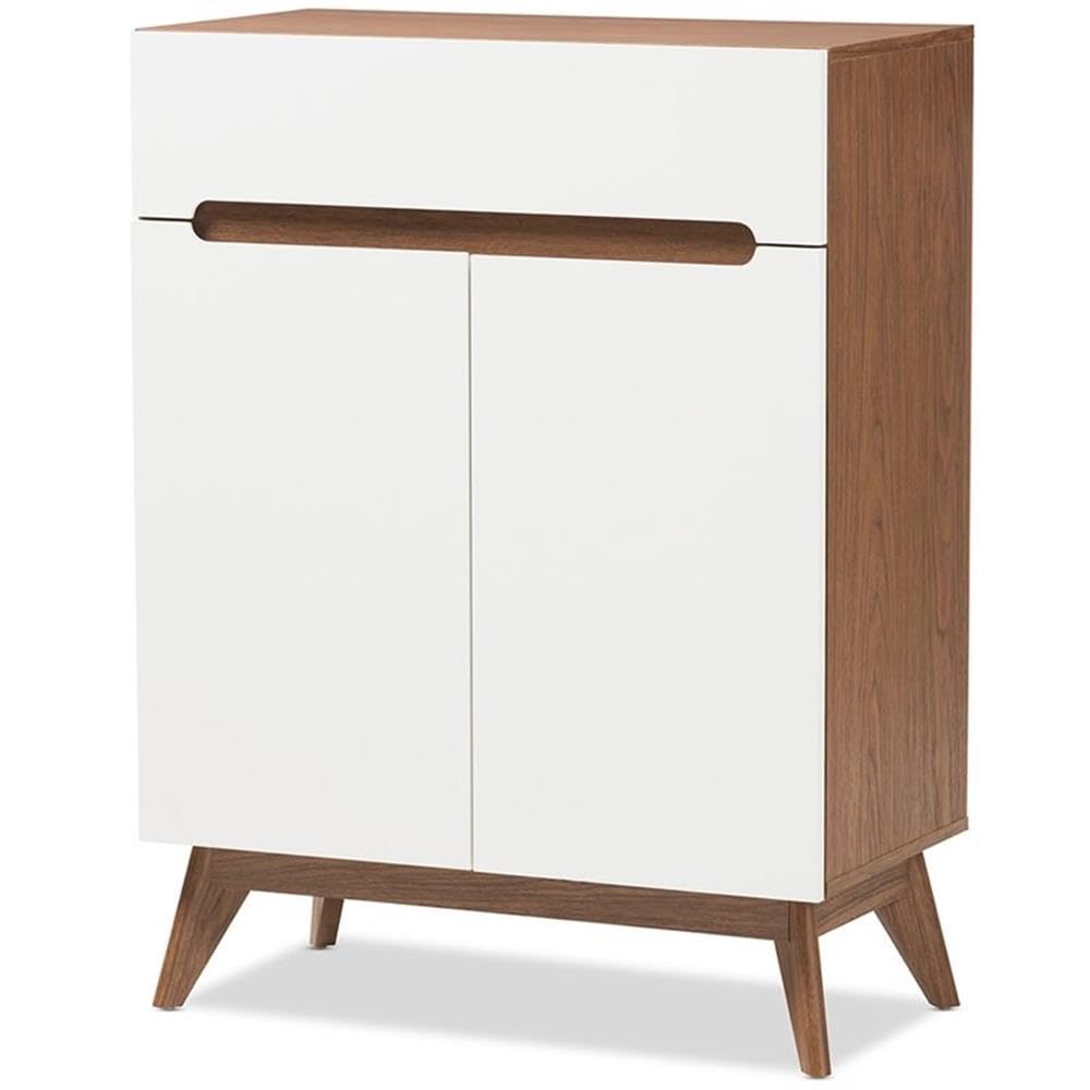 Baxton Studio Calypso Mid-Century Modern White And Walnut Wood Storage Shoe Cabinet Mid-Century/White/Walnut Brown/Particle Board/Mdf With Pu Paper/