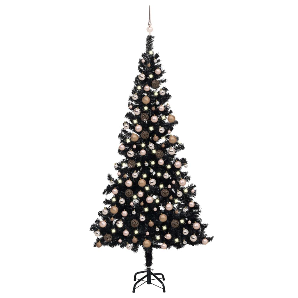 vidaXL Artificial Pre-lit Black Christmas Tree with Steel Stand and Rose Gold Ball Set - 94.5&quot; Tall, 300 LED Lights, Reusable PVC Xmas Decoration