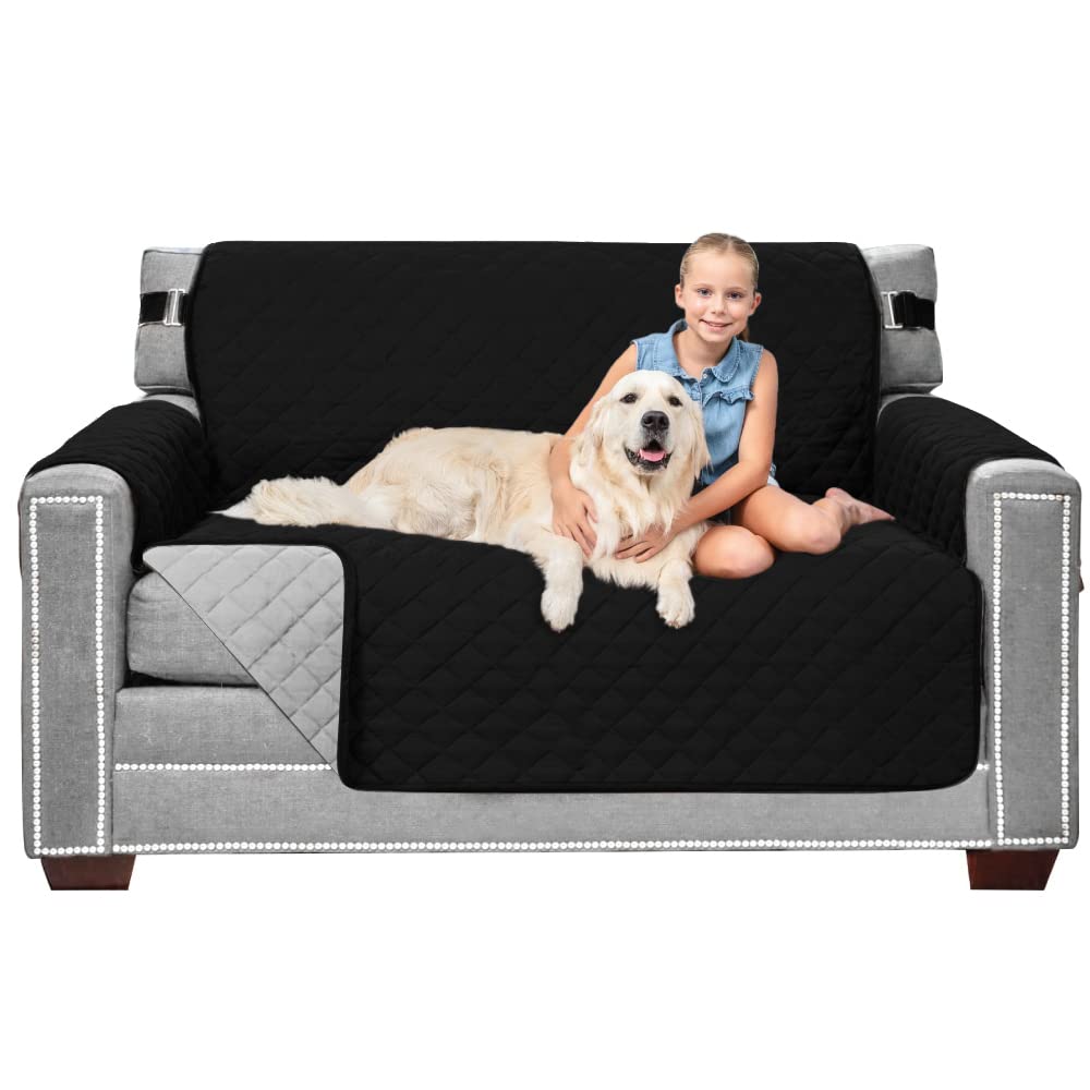 Sofa Shield Patented Loveseat Slip Cover, Large Cushion Protector, Reversible Stain And Dog Tear Resistant Slipcover, Quilted Microfiber 54” Seat, Washable Covers For Dogs Pets Kids, Black Gray