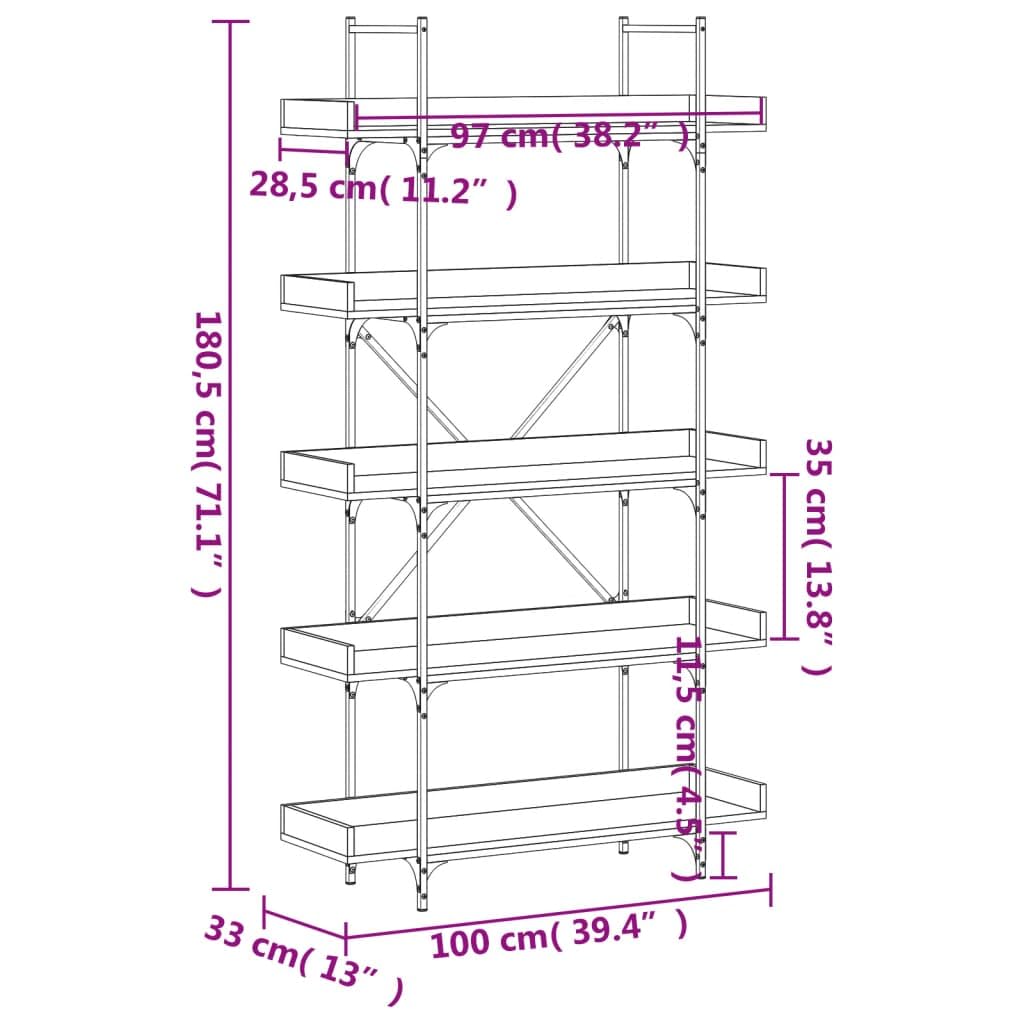 vidaXL 5-Tier Black Engineered Wood Bookcase - Spacious Home/Office Storage Solution with Industrial-Style Metal Frame