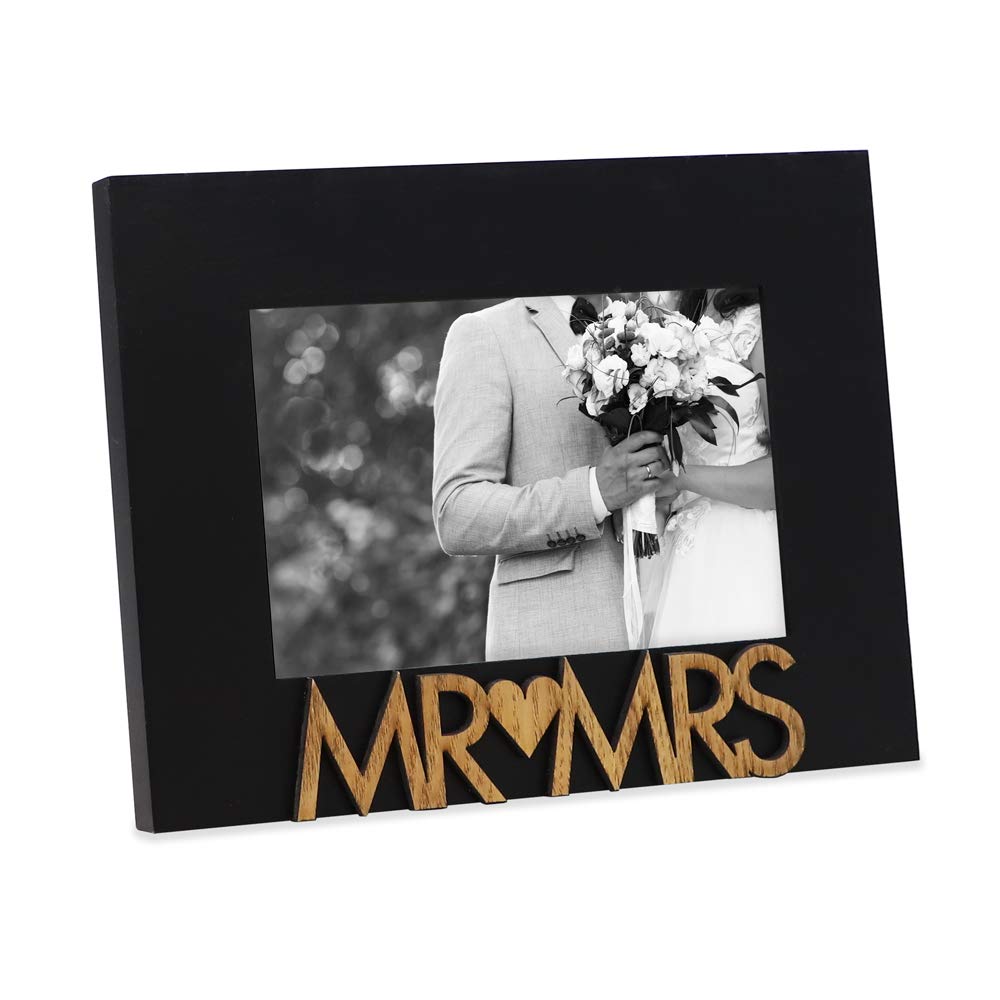 Isaac Jacobs Black Wood Sentiments Mr & Mrs    Picture Frame, 4x6 inch, Newlywed Photo Gift for Wedding, Display on Tabletop, De