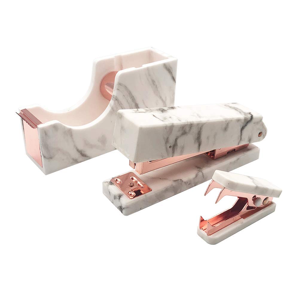 Marble Print Rose Gold Stapler Staples Remover Tape Dispenser Holder Set Office Desk Executive Manual Stationery Gift Kit For De