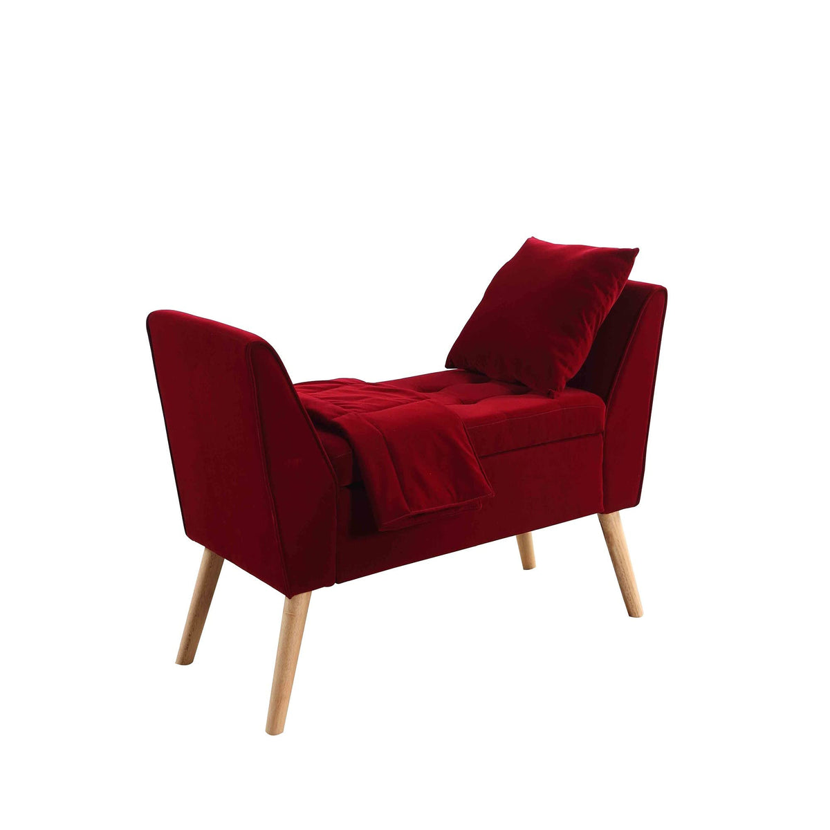 HomeRoots Wood, Polyurethane Foam: 97%, Polyester Fabric: 3% Deep Red Modern Flair Storage Bench with Pillow and Blanket