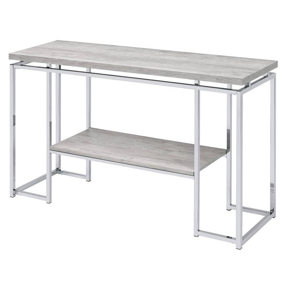 Acme Chafik Rectangular Wooden Top Sofa Table with Shelf in Oak and Chrome