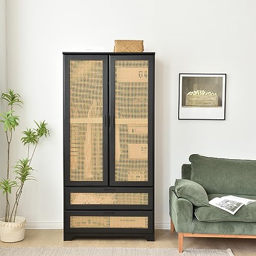 Pine Wood Closet with Rattan Doors and Two Drawers (Black)