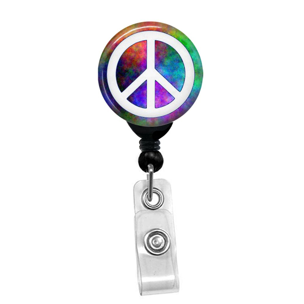White Peace Sign On Plasma Rainbow Background Custom Retractable Badge Reel Lanyard Badge Holder (Black Badge Reel With Spring P