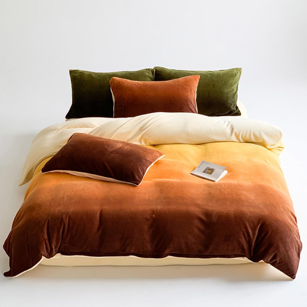Clothknow Dark Orange Velvet Queen Comforter Set 3Pcs Orange Beige Fluffy Bedding Comforter Sets Dark Yellow Queen Comforter Soft Caramel Queen Size Comforter Sets