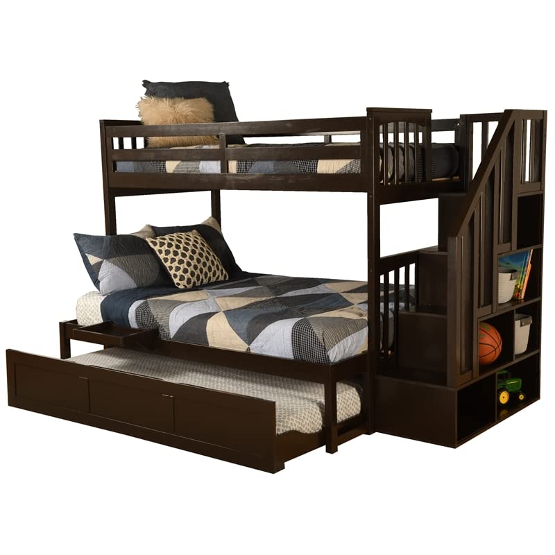 Kodiak Furniture Kelcie Twin/Full Wood Bunk Bed with Trundle and Tray in Dark Chocolate Brown