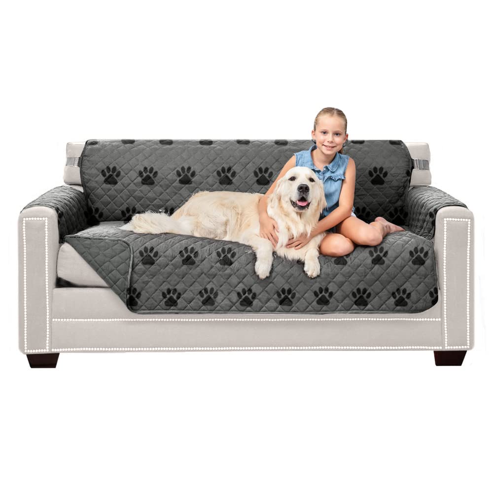 Sofa Shield Patented Couch Cover, Large Furniture Protector With Straps, Reversible Tear And Stain Resistant Slipcovers, Quilted Microfiber 62” Seat, Washable Covers For Dogs, Kids, Paw Gray Black