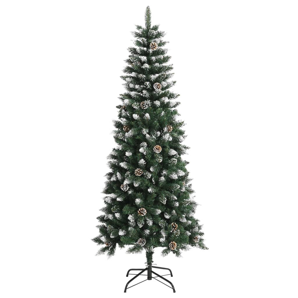 vidaXL Artifical Christmas Tree with Stand, 70.9" - Green and White, PVC and Steel Construction, Hinged, Decorated with Snow, Glitter and Cones – Easy to Assemble, Durable & Eco-Friendly